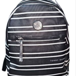 Mochila Tommy Hilfiger 69J2054 001 EK8 – Mini Negra con Rayas Blancas y Detalles Plateados